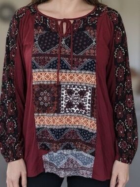 Fig & Flower boho  Patchwork Tie-Neck Peasant Blouse in Burgundy